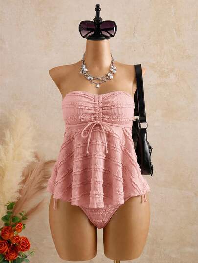 Bellisia بيكيني نسائي بحمالة قابلة للإزالة وتنورة مكشكشة من قماش مزخرف باللون البرغندي، مناسب للعطلات