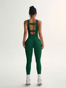 SHEIN Sports 女士纯色弹力露背无缝连体裤 - 墨綠色 - 查看 4