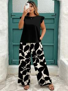 EMERY ROSE Plus Size Casual Minimalist Printed 2 Pieces Set Women's Summer Pants Women Casual Outfits Oversize Pants For Women Women Spring Outfit Wide Leg Pants Woman High Waist Women Vacation Outfit Sets - Multicolor - View 7