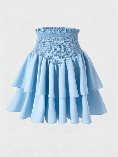 SHEIN Teen Girl Solid Color Shirred Waist Double-Layer Frill Trim Puff Skirt Skirts Ruffle Skirt For Summer Dresses For Teens Skirt Blue Ruffle Skirt Blue Skirts For Women