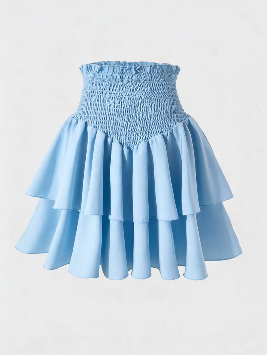 SHEIN Teen Girl Blue Summer Fairy Solid Color Shirred Waist Double-Layer Frill Trim Puff Ruffle Skirt - Blue - View 1