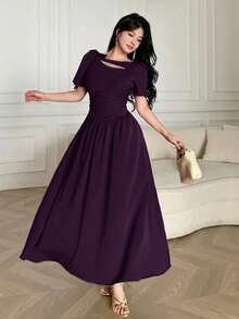 Feyla New Arrival French Style Hollow Collar Tie-Waist Pleated Elegant Dress - Purple - View 3
