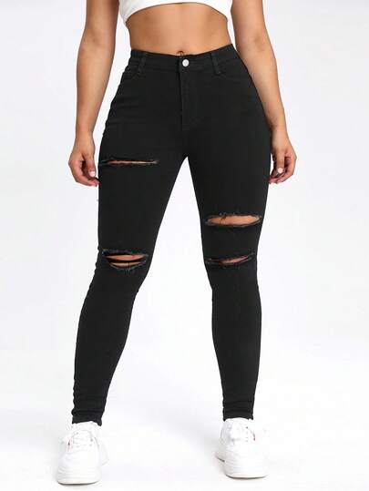 Jeanoix Quần jean skinny rách màu trơn cỡ lớn