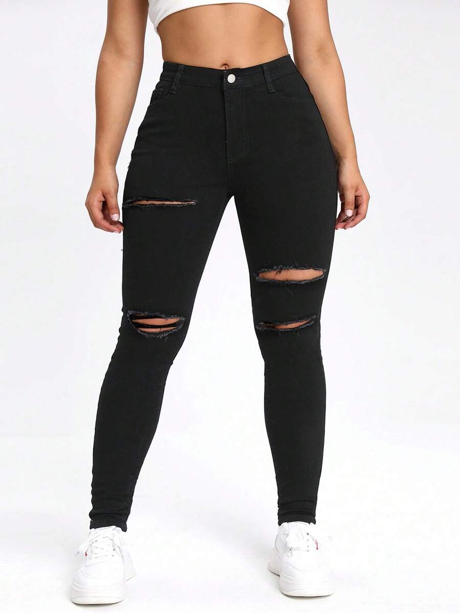 Jeanoix Plus Size Solid Color Distressed Skinny Jeans - Black - View 1