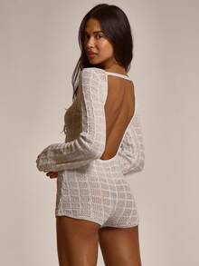 MUSERA 斜领针织图案长袖修身迷你短款连体裤，可爱春夏性感外出海滩度假蜜月装 - 奶油色 - 查看 4