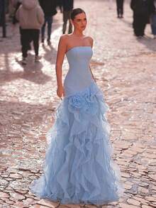 Aureia Elegant, Romantic, Fashionable Blue Elastic Fabric Organza Strapless Dress With Exaggerated Ruffle Hem, Elegant Party Dress, Wedding Guest Dress, Blue Dress, Fashionable And Elegant Bridesmaid Dress, Formal Evening Gown - Blue - View 6