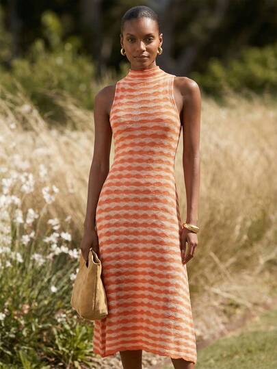 Lilora Women's Elegant Dual-Color Knitted Dress This Sophisticated, Versatile, And Elegant Knitted Dress Is Suitable For Commuting, Everyday Wear, Casual Outings, Parties, Dates, Gatherings, Leisure Activities, Picnics, Holidays, Vacations, Summer Outings, And Holiday Travel. Knit Midi Dress Knit Dresses For Women Summer Midi Dress Spring Dresses For Women Midi Sunset Dress