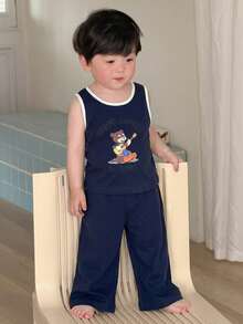 DAZY 2件組男嬰卡通印花圓領背心與長褲睡衣套裝 夏季幼兒 - 藍色 - 查看 4