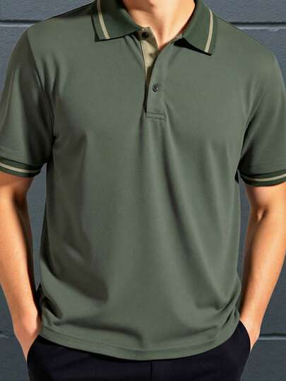 SHEIN Camisas polo casuales de cuello militar de color verde militar estilo contraste para adolescentes varones, elegantes, simples, versátiles, lindas, suaves y cómodas para uso diario, escuela, viaje, deporte, vacaciones en la playa