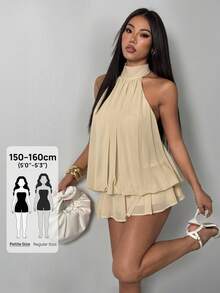 SHEIN PETITE 女士优雅米色吊带系带迷你连衣裙 - 米色 - 查看 8