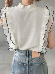 FRIFUL Women's Turtleneck Ribbed Tank Top With Mesh Ruffle Trim Sleeveless Layered T-Shirt - White - View 5