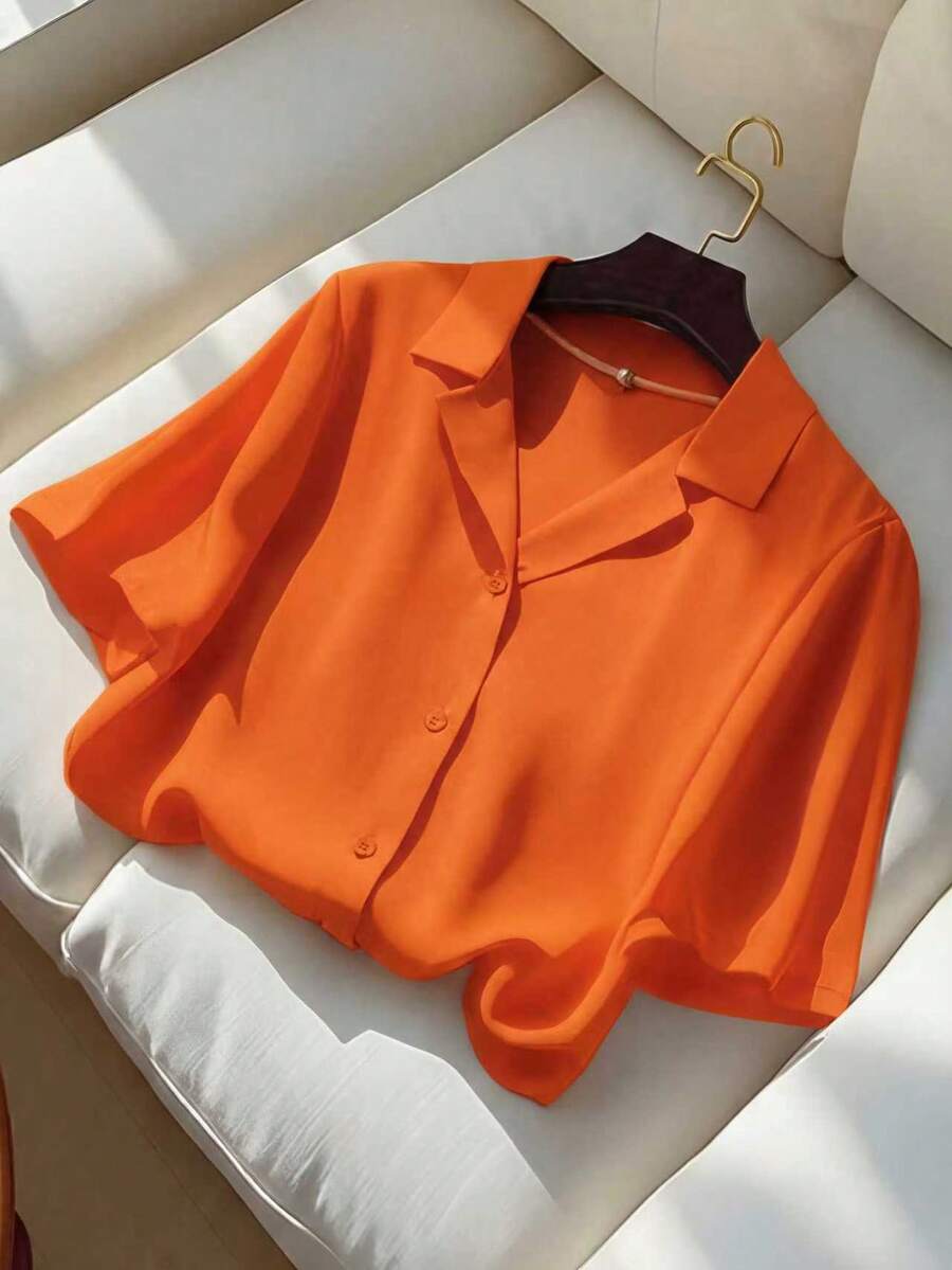 Franclia Chemise à manches courtes col chemisier couleur unie polyvalente et décontractée pour femmes, été - Orange - Voir 1