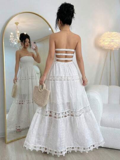 Rafferiza Vestido maxi para mujer de primavera/verano, elegante, romántico y lujoso, con parches de encaje calado bordado, cintura fruncida, espalda descubierta, sin tirantes y con falda acampanada