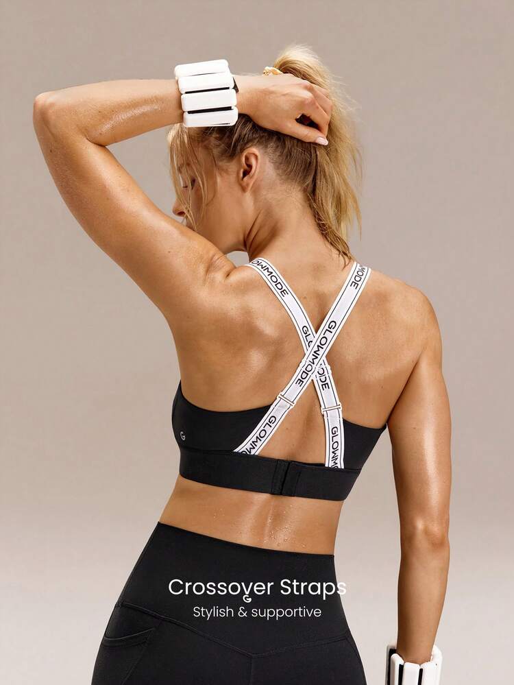 FeatherFit™-Sculpt Glow For It Compressive Sweat-Wicking Removable Cups Logo Shoulder Straps Sports Bra Medium Impact Training Running Workout Gym Studio Daily Active Wear