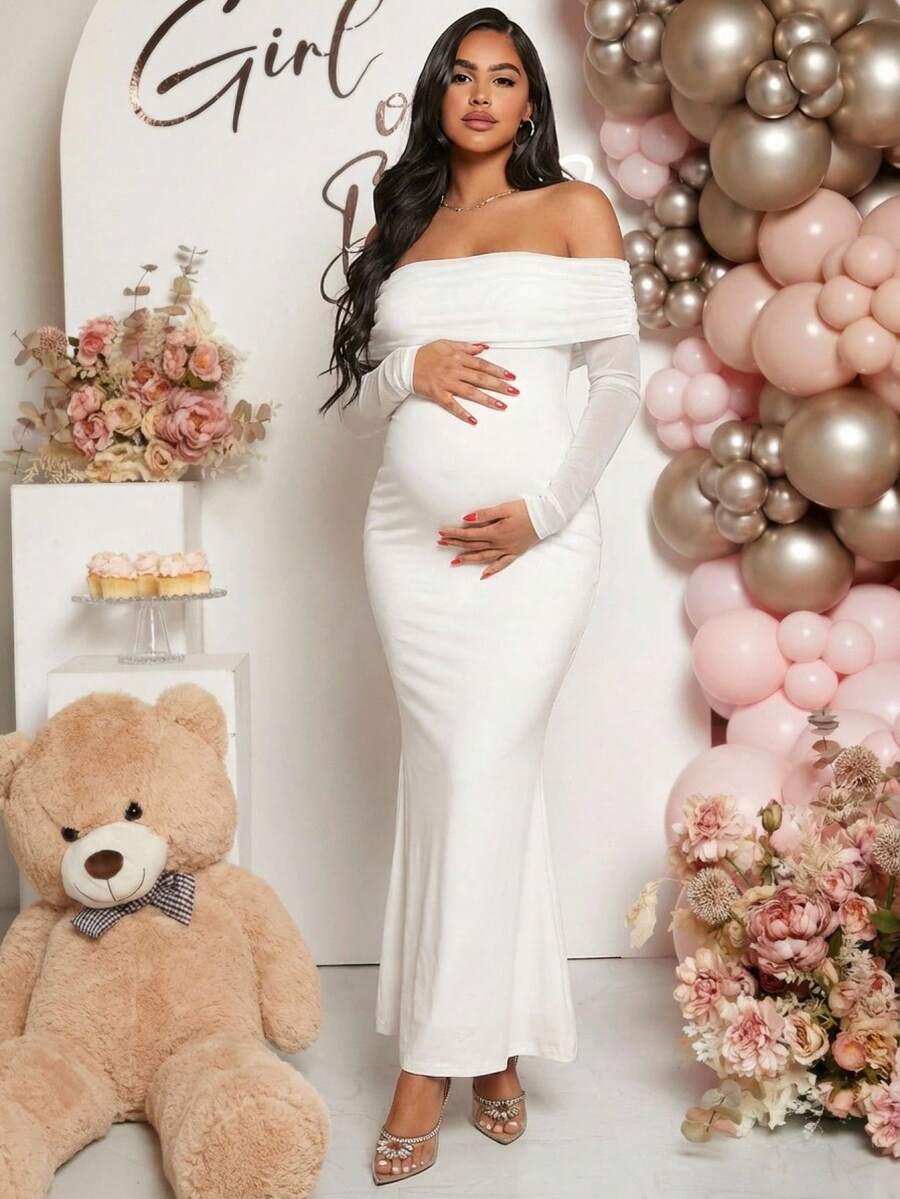 Loomaby Maternity Solid Color Off-Shoulder Dress, Baby Shower - White - View 1