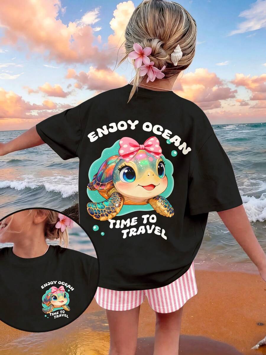 SHEIN 少女黑色夏季可愛卡通海龜印花T恤,度假海灘旅行簡約休閒寬鬆落肩上衣,韓風春季 - 彩色 - 查看 1