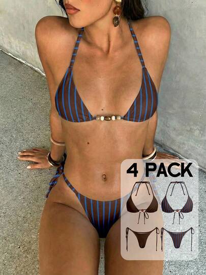 Aloruh Women's Bikini Set, Sexy Elegant Romantic Retro Blue Striped Mini Triangle Cup Halter Neck Tie Bikini Top With Mini Tie Side Bottoms, 4pcs Striped Bikini Set Set