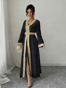 Rafferiza V-Neck Long Sleeve Gold Lace Patchwork Long Dress For Women - Black - View 5