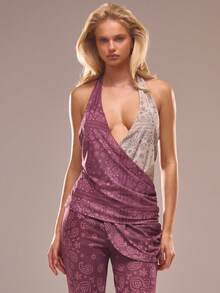 MUSERA Áo kiểu cổ yếm chéo phía trước với họa tiết Paisley tương phản, thích hợp cho kỳ nghỉ hè, đi biển, Ibiza, lễ hội, thanh lịch, Cherry Moon. - Nhiều màu - Xem 1