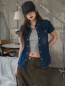 DAZY Áo sơ mi denim ngắn tay có túi dáng ôm dành cho nữ, áo denim lửng mùa hè - Màu xanh lam - Xem 3