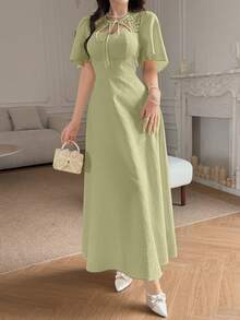 Feyla Women's Jacquard Tie Collar Elegant Cinched Waist Long Dress, Suitable For Party And Occasions - Mint Green - View 4