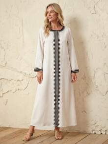 Faunlyn Women's Casual Striped Round Neck Long Sleeve Loose Dress, Suitable For Vacation Casual Long Dresses Vacation Outfits Women Long Sleeve Elegant Dress Chic Dress For Woman Motif Dresses For Women French Style Dress Summer Holiday Outfits   Elegant Dresses For Party - Apricot - View 3