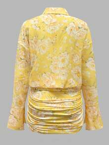 Floral Print Pleated Front Button Casual Long Sleeve Dress - Yellow - View 2