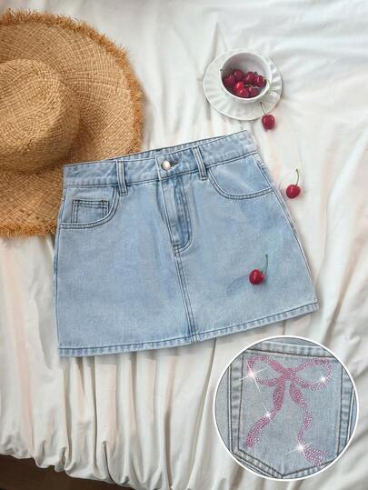 Comfortcana Minifalda vaquera casual con bolsillo en diagonal, decoración de lazo y bloques de color para mujer