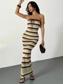 SHEIN PETITE 钩针编织夏季浪漫度假春夏撞色修身手工交叉无肩带女式长裙 - 彩色 - 查看 8
