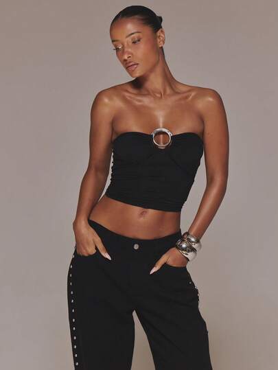MUSERA Jersey Trim Detail Strapless Bandeau Top Spring Summer Vacation Holiday Classy Elegant Night Out Date Night Coolgirl