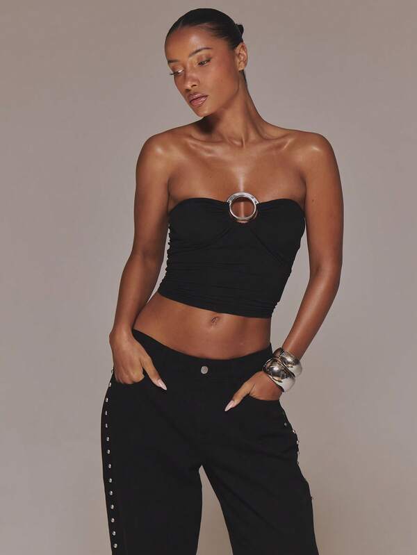 MUSERA Jersey Trim Detail Strapless Bandeau Top Spring Summer Vacation Holiday Classy Elegant Night Out Date Night Coolgirl