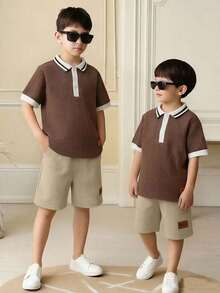 SHEIN Set de 2 pantalones cortos con cuello de canalé de contraste texturizado en caqui para niños pequeños, estilo universitario casual, cómodo y de moda, versátil para uso diario, viajes, al aire libre, vacaciones, playa, primavera/verano - Caqui - Ver 6