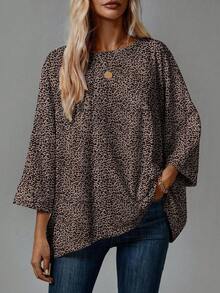 EMERY ROSE 2pcs Kaos Kasual Ukuran Besar Cocok untuk Musim Panas, Kaos Motif Leopard, Kaos Hitam Motif Polkadot, Liburan Santai Musim Gugur - Hitam dan Putih - View 6