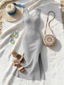 Breezaya 新款夏季性感吊带针织中长连衣裙，欧美风，浅蓝色竖条纹，无袖，修身剪裁，露背扭结镂空设计，法式优雅气质，适合约会、通勤、度假、正式场合。 - 淺灰色 - 查看 7