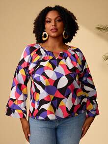 BrightlyHer Plus Size Casual Commuter All-Over Print Flare Sleeve Blouse/Summer/Spring/Vacatio Holiday Beach - Multicolor - View 5