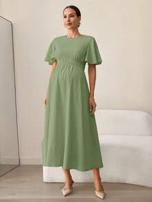 MaterniWear 孕妇纯色圆领休闲度假短袖连衣裙 - 綠色 - 查看 3