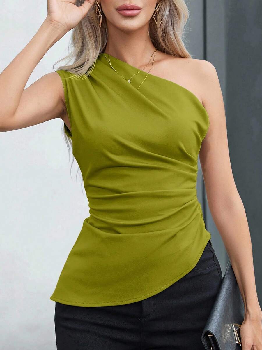 Aveloria Modichic Women's Solid Color Asymmetric Hem Shoulder Top, Suitable For Spring And Summer, Valentine's Day - Green - View 1