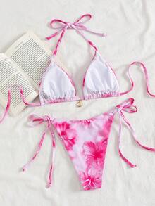 Swim Mod Summer New French Countryside Floral Bikini, Halter Neck Sexy Tie-Up Two Pieces Swimwear - Multicolor - View 2