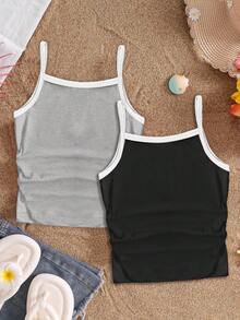 2pcs/Set Tween Girls' Casual Minimalist Black,Summer,Beach,Holiday,Grey & White Patchwork Camisole Tops,Versatile All-Match Layering Piece For Kids - Multicolor - View 2