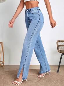SHEIN Tall 女士高腰口袋直筒休闲百搭牛仔裤 - 藍色 - 查看 1