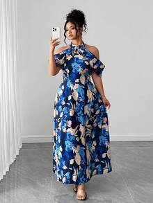 Elenzga Plus Size Floral Print Cold Shoulder Maxi Dress, Casual Holiday Style - Multicolor - View 6