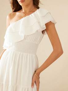 Aveloria Rosie Đầm kiểu Pháp-Âu, cổ áo xéo hai lớp, viền bèo nhún, chất liệu giả vải lanh, thiết kế thắt eo, dáng suông, tôn dáng, thích hợp cho kỳ nghỉ. - trắng - Xem 5