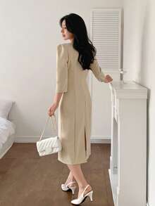 DAZY Women's Square Neck Fitted Waist Short Sleeve Midi Commuter Dress - Khaki - View 8