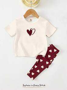 奶油白与红色，甜美简约爱心图案印花，可爱小鹿套装，少女休闲舒适柔软圆领短袖T恤和打底裤，适合春夏日常、居家、度假、街头、派对等场合，春夏穿搭，轻松舒适，时尚少女，休闲装，儿童爱心图案服装，春夏服装，时尚夏季，新款 - 彩色 - 查看 4