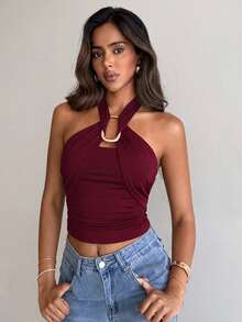 Aloruh Women's Elegant Metal Buckle Decor Cinched Waist Ruched Tie-Neck Camisole - Burgundy - View 4