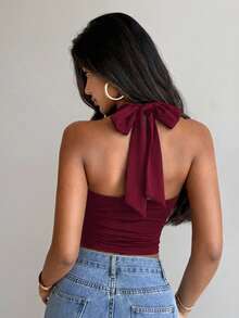 Aloruh Women's Elegant Metal Buckle Decor Cinched Waist Ruched Tie-Neck Camisole - Burgundy - View 8