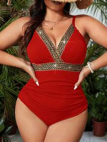 Swim Lushoire Plus Size Women Vacation Ribbon Trim Fashionable One-Piece Swimsuit - Red - View 6