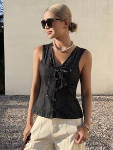 Women's Vintage Washed Black Tie-Up Sleeveless Casual Vacation Denim Cropped Cardigan Vest Top, Spring & Summer - Black - View 2