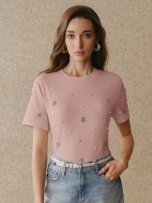 Anewsta Áo thun nữ màu mơ thanh lịch, dáng rộng, cổ tròn, tay ngắn, đính cườm, thích hợp cho mùa xuân/hè. - Màu Hồng baby - Xem 6