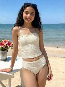 SHEIN Teen Girl Summer Textured Tank Top And Briefs Set - Perfect For Beach, Poolside, And Leisure Vacations In Spring/Summer - Apricot - View 9